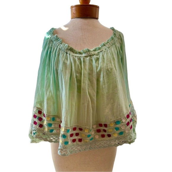 Free People Mint Off-Shoulder Blouse with Multicolor Trim - Picture 3 of 7